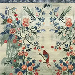 Elegant Serene Garden Tapestry Hand Knotted Area Rug featuring intricate floral designs and a bird motif. Perfect for large living room spaces, this Persian-inspired floral rug adds a touch of sophistication to any home decor.