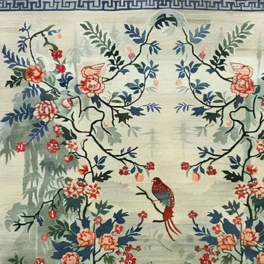 Elegant Serene Garden Tapestry Hand Knotted Area Rug featuring intricate floral designs and a bird motif. Perfect for large living room spaces, this Persian-inspired floral rug adds a touch of sophistication to any home decor.