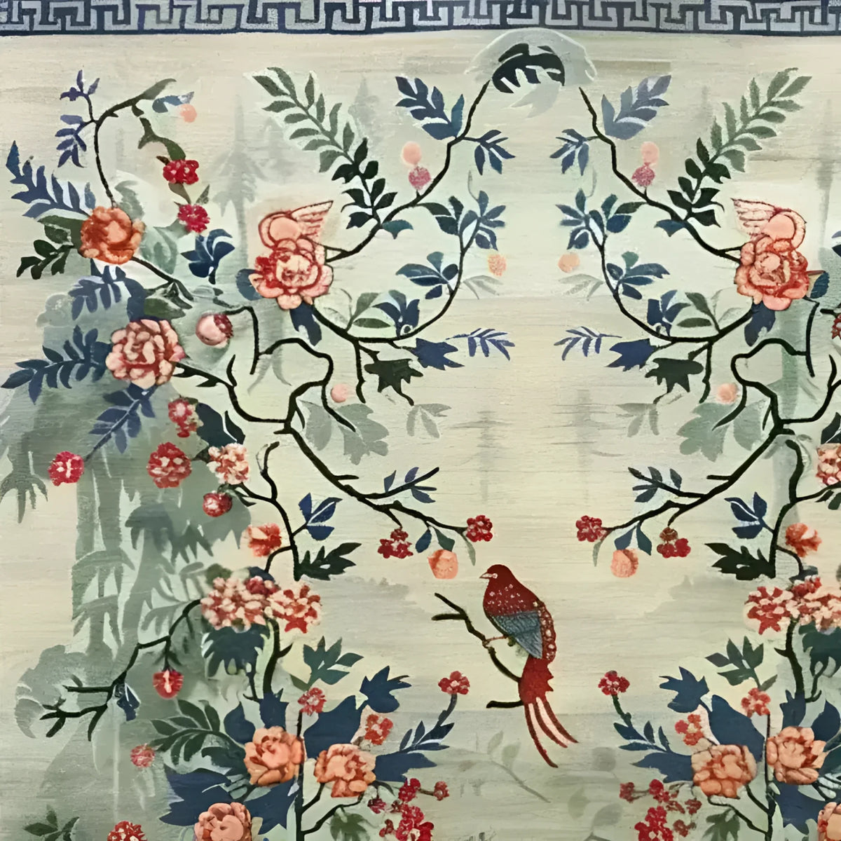 Elegant Serene Garden Tapestry Hand Knotted Area Rug featuring intricate floral designs and a bird motif. Perfect for large living room spaces, this Persian-inspired floral rug adds a touch of sophistication to any home decor.