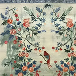 Elegant Serene Garden Tapestry Hand Knotted Area Rug featuring intricate floral designs and a bird motif. Perfect for large living room spaces, this Persian-inspired floral rug adds a touch of sophistication to any home decor.