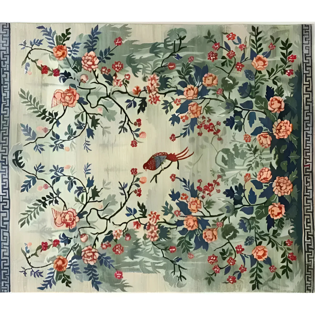 A beautifully crafted area rug featuring an intricate floral design with vibrant blossoms and lush foliage. Perfect for adding elegance to any living room, this large living room rug captures the essence of Persian rugs with its hand-knotted craftsmanship. The serene garden tapestry design creates a stunning centerpiece, ideal for those seeking a floral rug to complement their home decor.