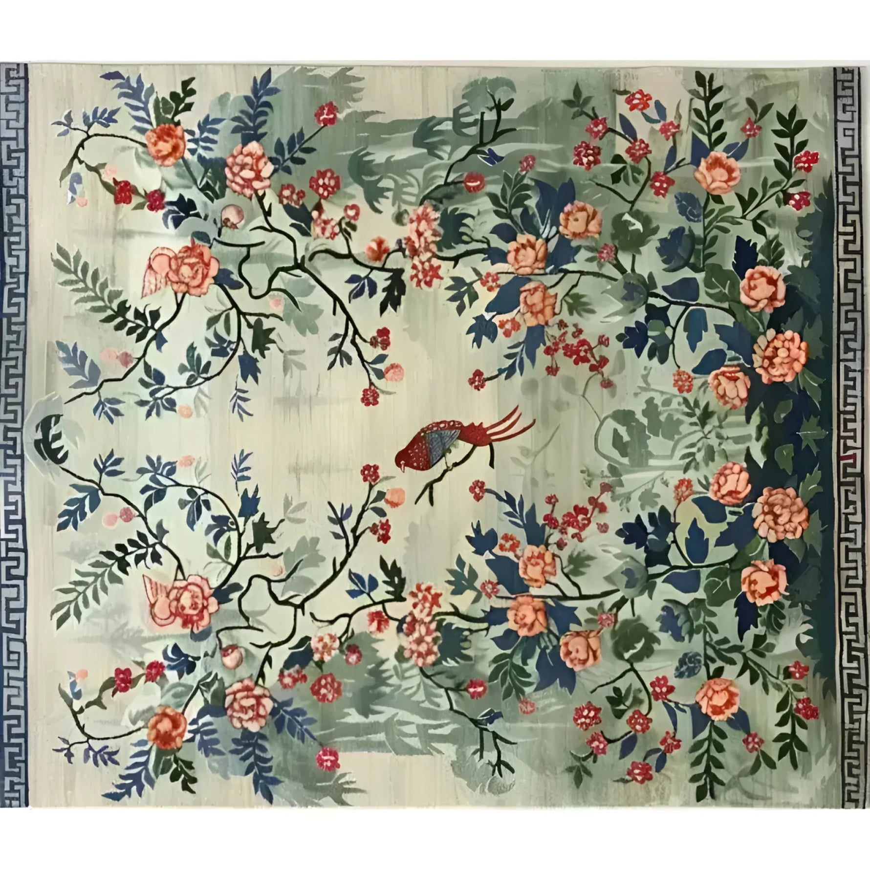 A beautifully crafted area rug featuring an intricate floral design with vibrant blossoms and lush foliage. Perfect for adding elegance to any living room, this large living room rug captures the essence of Persian rugs with its hand-knotted craftsmanship. The serene garden tapestry design creates a stunning centerpiece, ideal for those seeking a floral rug to complement their home decor.