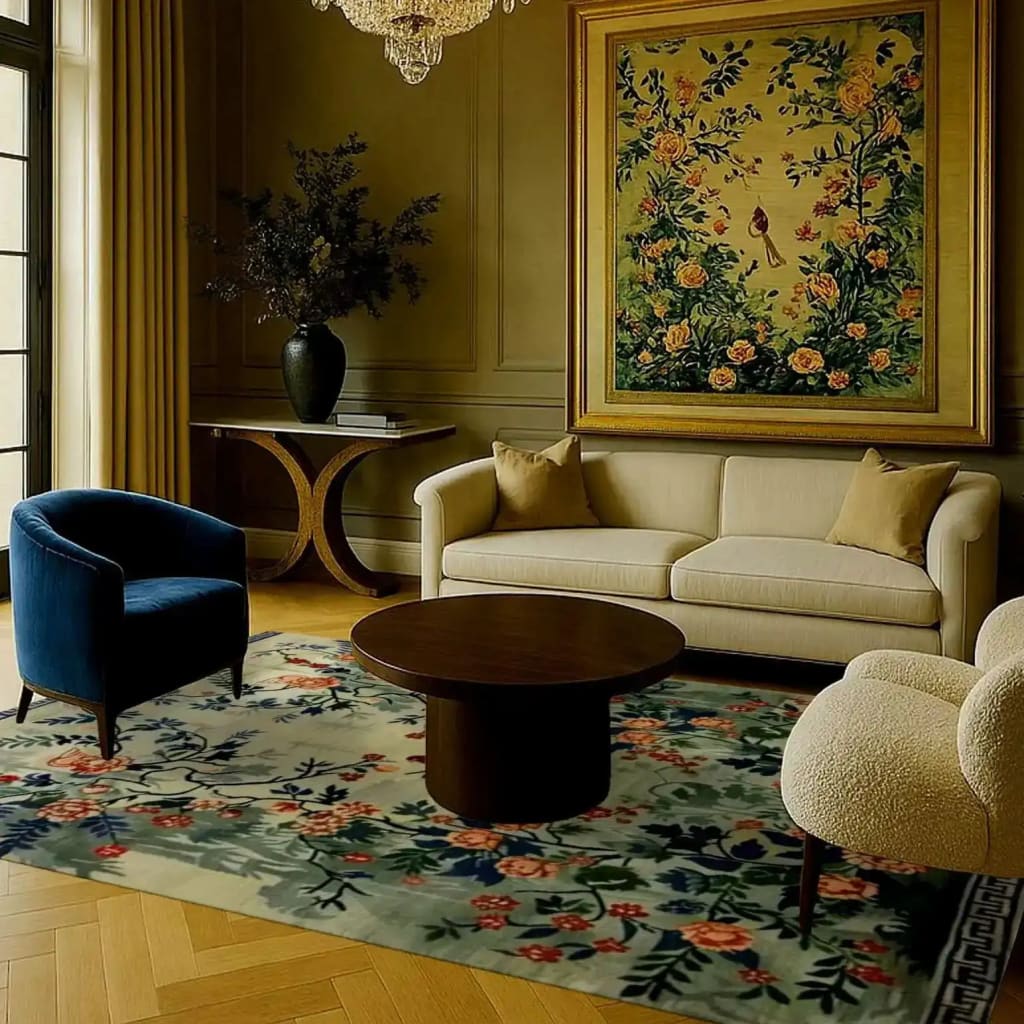 This elegant living room showcases a Serene Garden Tapestry Hand Knotted Area Rug, perfect for adding a touch of sophistication to any space. The rug features a stunning floral design, ideal for those seeking Persian rugs or large living room rugs. Its vibrant colors and intricate patterns make it a standout piece among living room area rugs, beautifully complementing the neutral furniture and decor.