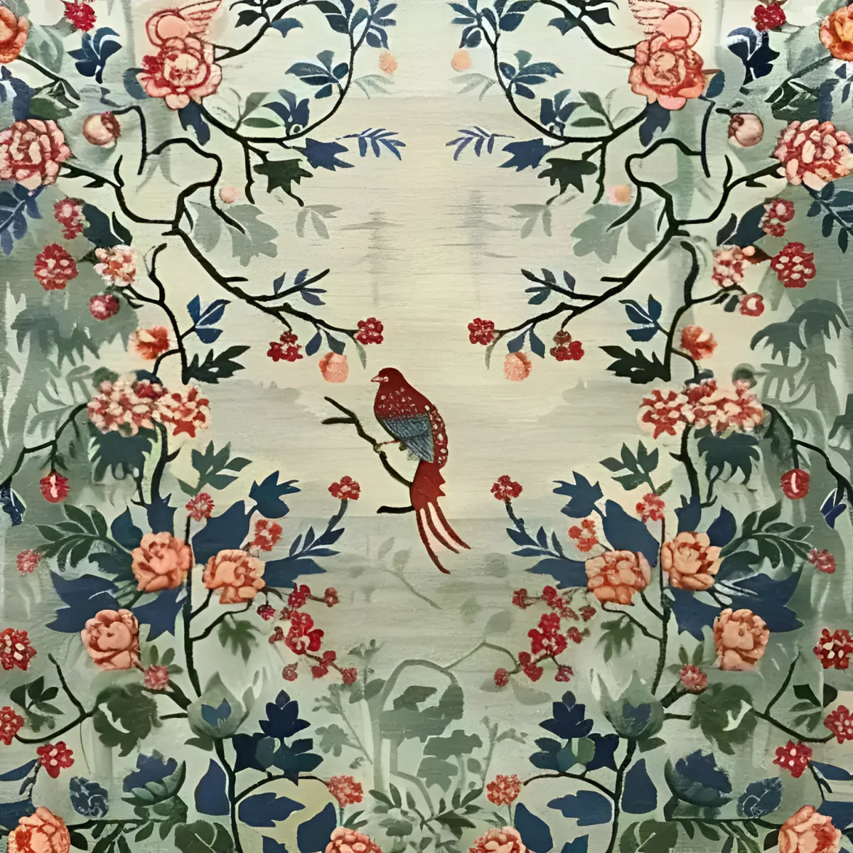 This beautiful hand-knotted area rug features an intricate floral design with vibrant blues and reds, perfect for enhancing any living room. The central motif of a detailed bird perched among blooming flowers adds a touch of elegance, making it an ideal choice for those seeking large living room rugs with a Persian flair.