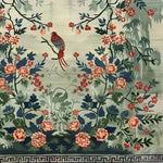 The Serene Garden Tapestry Hand Knotted Area Rug showcases an intricate floral design with vibrant colors, featuring a central bird motif perched amidst lush greenery. Ideal for enhancing living room decor, this large Persian-inspired rug combines elegance and artistic detail, perfect for those seeking premium floral rugs for their home.