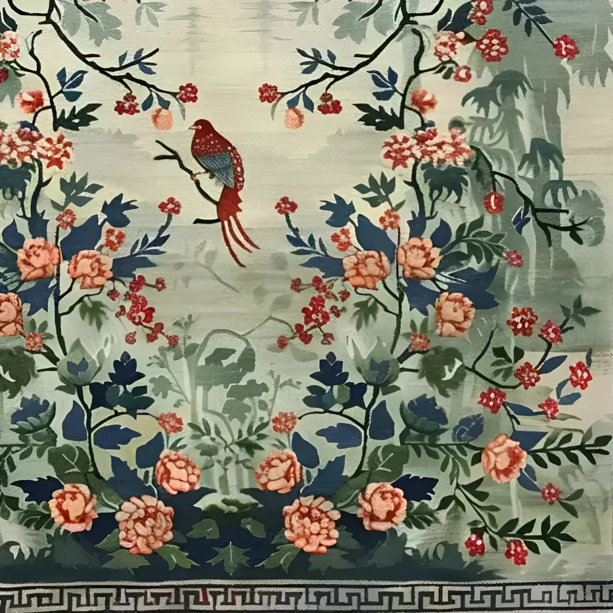 The Serene Garden Tapestry Hand Knotted Area Rug showcases an intricate floral design with vibrant colors, featuring a central bird motif perched amidst lush greenery. Ideal for enhancing living room decor, this large Persian-inspired rug combines elegance and artistic detail, perfect for those seeking premium floral rugs for their home.