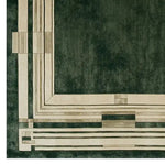 Top view of the Serene Gateway Hand Tufted Wool Rug, showcasing its contemporary design with geometric patterns in shades of dark green and beige. This elegant area rug is perfect for large living rooms, especially in an 8x10 size, providing a modern touch and cozy feel.