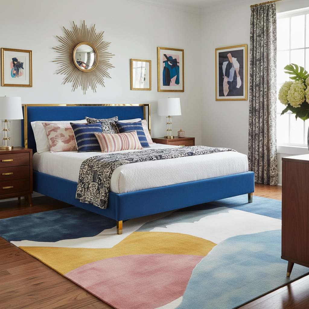 Decorative bedroom with a blue bed, colorful rug, and framed artwork on the wall.