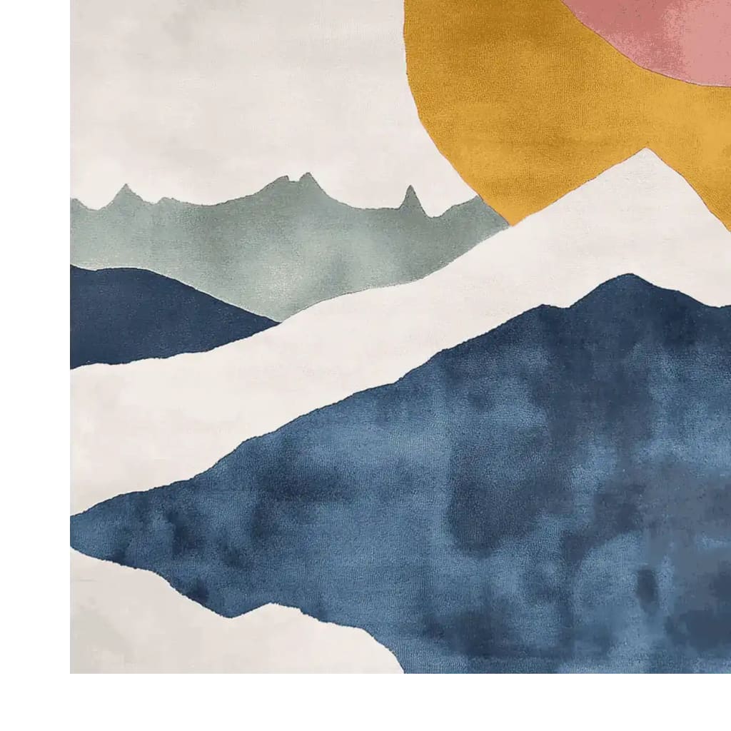 Serene Horizon area rug featuring a contemporary design with abstract mountain patterns in soft blue, green, and mustard hues. Made from high-quality wool, this large living room rug adds a touch of elegance and warmth to any space.