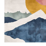 Serene Horizon area rug featuring a contemporary design with abstract mountain patterns in soft blue, green, and mustard hues. Made from high-quality wool, this large living room rug adds a touch of elegance and warmth to any space.