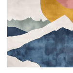 Serene Horizon area rug featuring a contemporary design with abstract mountain patterns in soft blue, green, and mustard hues. Made from high-quality wool, this large living room rug adds a touch of elegance and warmth to any space.