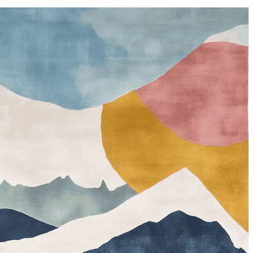 A vibrant area rug featuring a contemporary abstract design with soft hues of blue, pink, and gold. This wool rug is perfect for adding a modern touch to any living room. Ideal as a large living room rug, its artistic pattern resembles a serene landscape with flowing lines and bold colors.