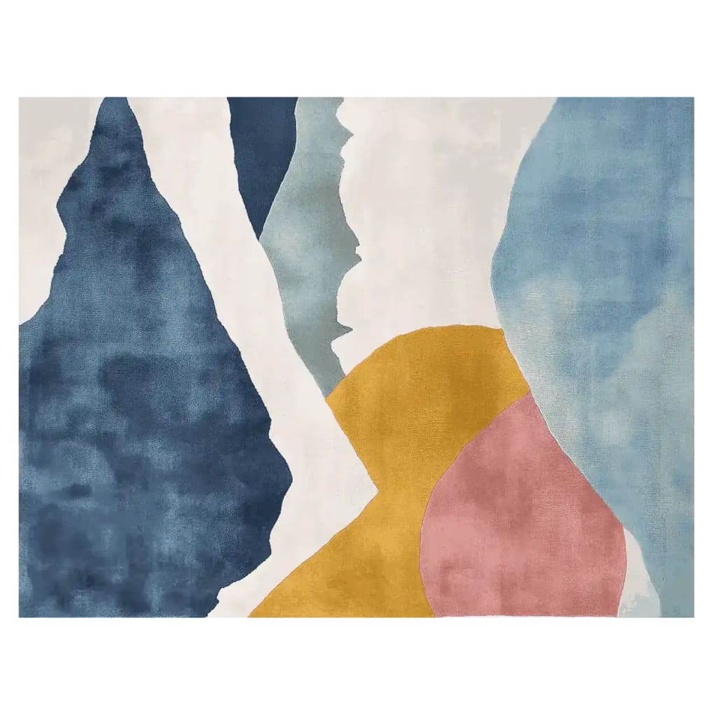 A contemporary area rug showcasing an abstract design with bold colors including blue, yellow, pink, and white. This wool rug is perfect for adding a modern touch to a large living room, providing both style and comfort.