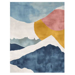 The Serene Horizon Hand Tufted Rug showcases an abstract design with soft pastel shades of blue, pink, and yellow, evoking a tranquil landscape. This contemporary rug, made from high-quality wool, is perfect for adding a touch of elegance to large living rooms. Ideal for those seeking stylish area rugs that combine modern art with comfort.