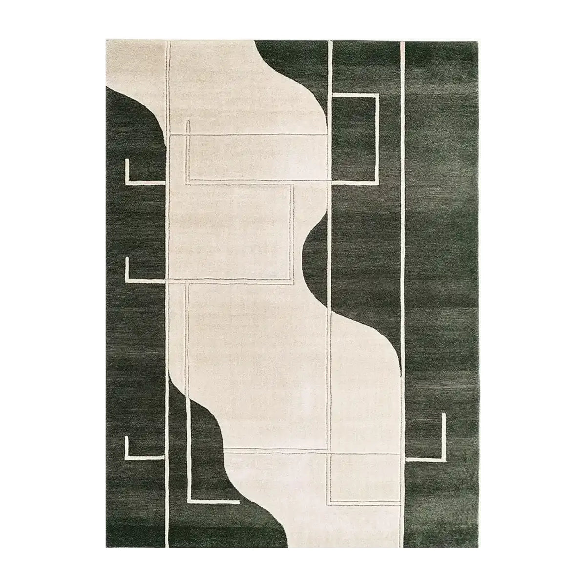 Top view of the Serene Labyrinth Knotted Wool Rug, a contemporary area rug featuring an abstract geometric design with a blend of dark and light shades. Perfect for adding a modern touch to living room spaces, this wool rug measures 8x10, making it an ideal choice for those seeking stylish living room rugs.