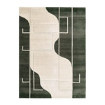 Top view of the Serene Labyrinth Knotted Wool Rug, a contemporary area rug featuring an abstract geometric design with a blend of dark and light shades. Perfect for adding a modern touch to living room spaces, this wool rug measures 8x10, making it an ideal choice for those seeking stylish living room rugs.