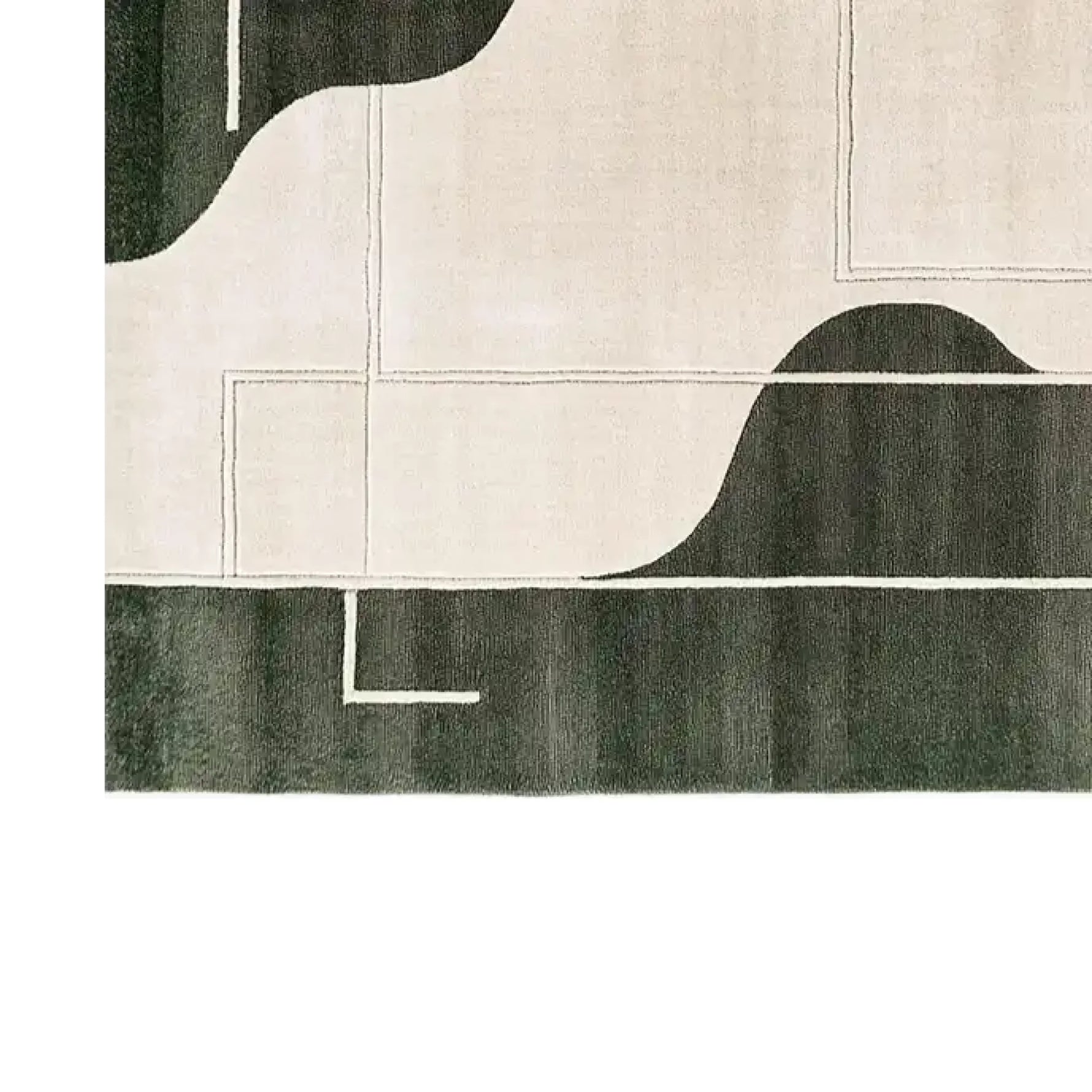 A contemporary area rug made of premium wool, showcasing an abstract design in shades of cream and dark green. Perfect for adding a modern touch to living rooms, this 8x10 wool rug combines style and comfort.