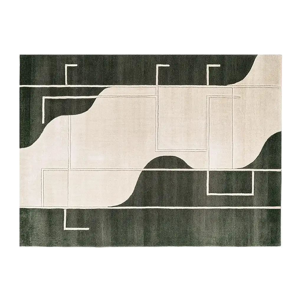 Contemporary area rug featuring an abstract geometric design in shades of cream and dark green. This wool rug is perfect for adding a modern touch to living rooms. Ideal as a living room rug in an 8x10 size, combining style and comfort.