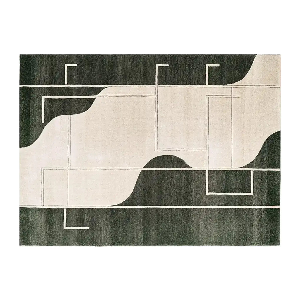 Contemporary area rug featuring an abstract geometric design in shades of cream and dark green. This wool rug is perfect for adding a modern touch to living rooms. Ideal as a living room rug in an 8x10 size, combining style and comfort.