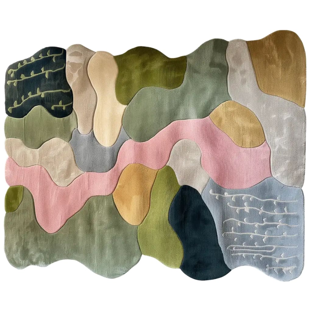 A beautifully designed area rug with an abstract pattern featuring flowing shapes in various colors like green, pink, and blue. This wool rug is perfect for adding a touch of elegance to living room spaces. Ideal for those seeking living room area rugs in an 8x10 size.