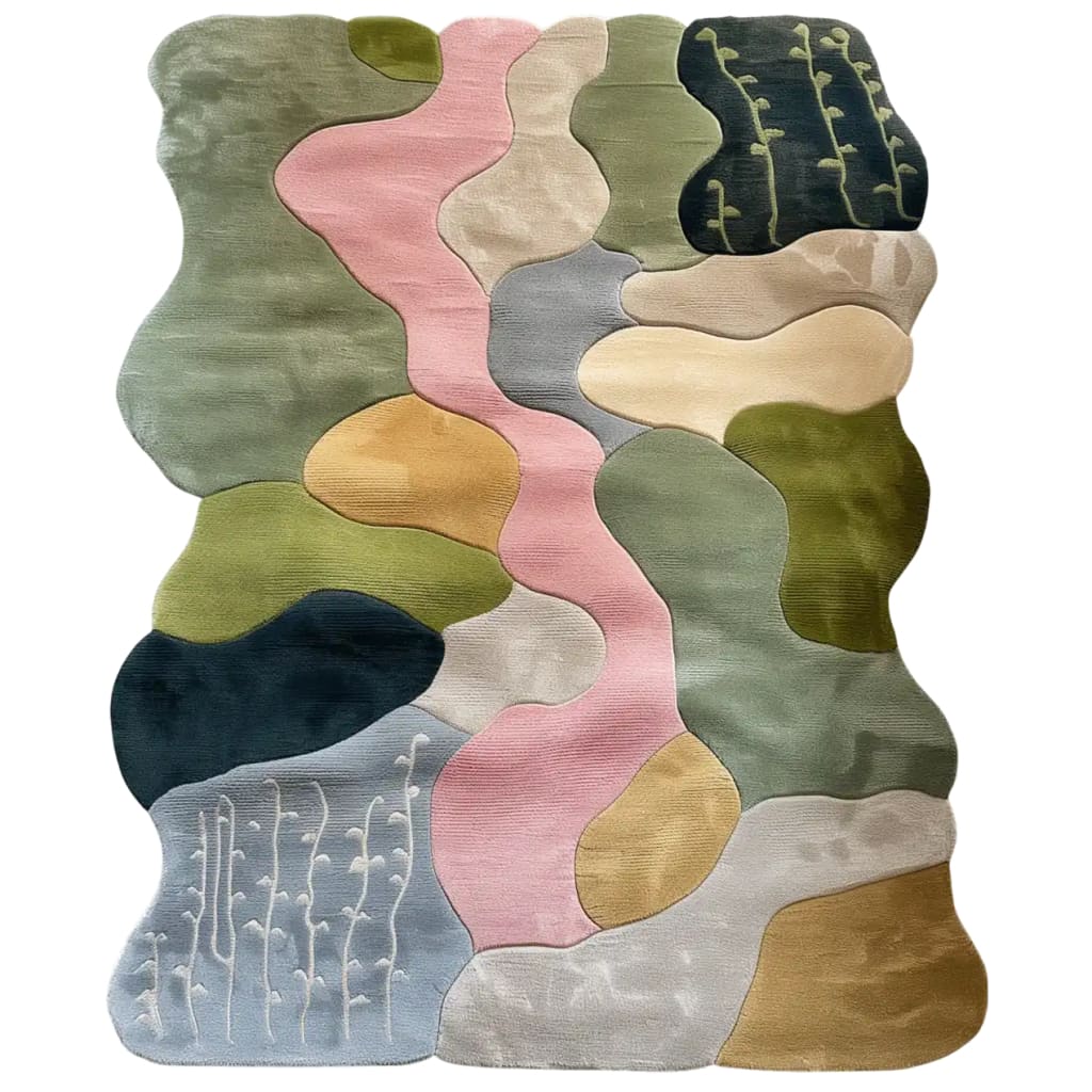 Serene Landscapes Hand Tufted Wool Rug featuring an abstract design with flowing shapes and earthy tones, perfect for living room area rugs. This 8x10 wool rug showcases a harmonious blend of greens, pinks, and blues, providing a calming atmosphere to any space.