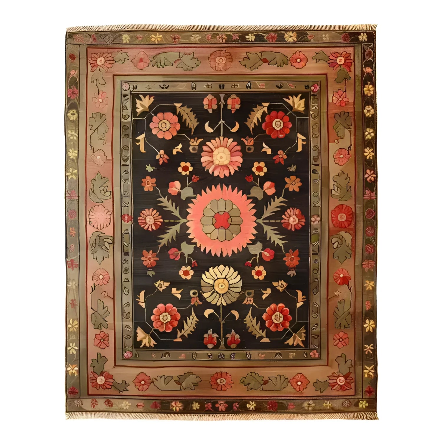 The Serene Sanctuary Hand Knotted Area Rug showcases a stunning floral design with vibrant colors on a dark backdrop. This vintage Persian-style rug is perfect for large living rooms, adding a touch of elegance and timeless charm. Ideal for those seeking rugs for living room spaces with a classic and sophisticated look.