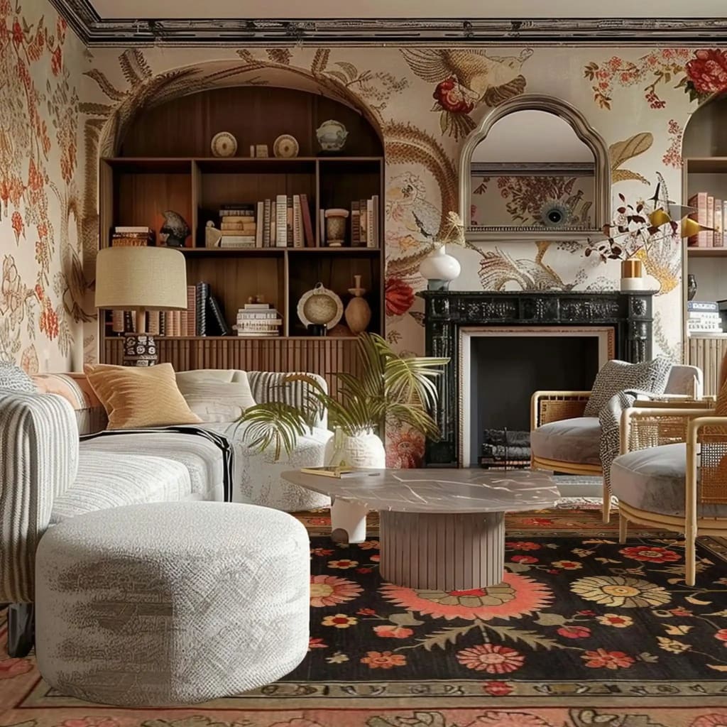 Luxurious living room with floral rug, wallpaper, bookshelves, and a fireplace.