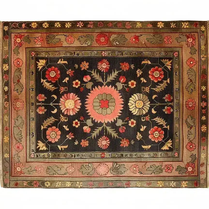 Top view of the Serene Sanctuary Hand Knotted Area Rug featuring a beautifully intricate floral design in warm, earthy tones. This large living room rug showcases a vintage Persian style with vibrant flowers that add elegance and charm, perfect for enhancing any space.