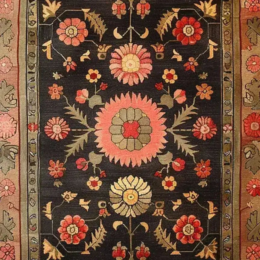A beautifully hand-knotted area rug featuring a vintage Persian floral design. The rug displays intricate patterns with vibrant blooms in shades of pink, red, and yellow against a rich, dark background. Perfect for adding elegance to large living rooms, this rug combines traditional craftsmanship with a stunning aesthetic, ideal for those seeking floral or Persian rugs.