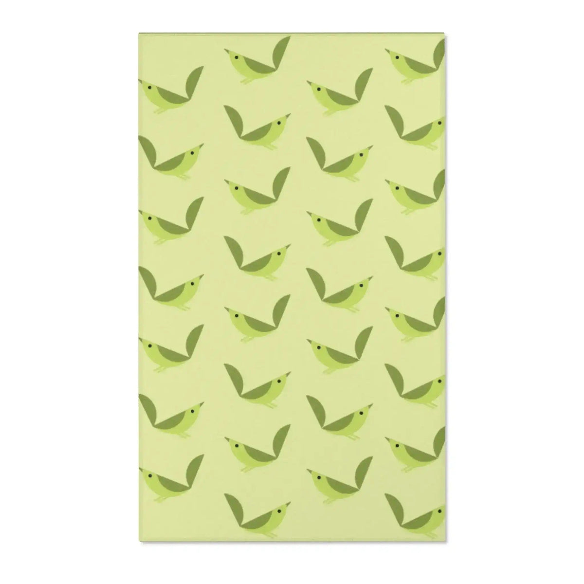 Serene songbird rug in tall format, rows of green birds across a light celery green field