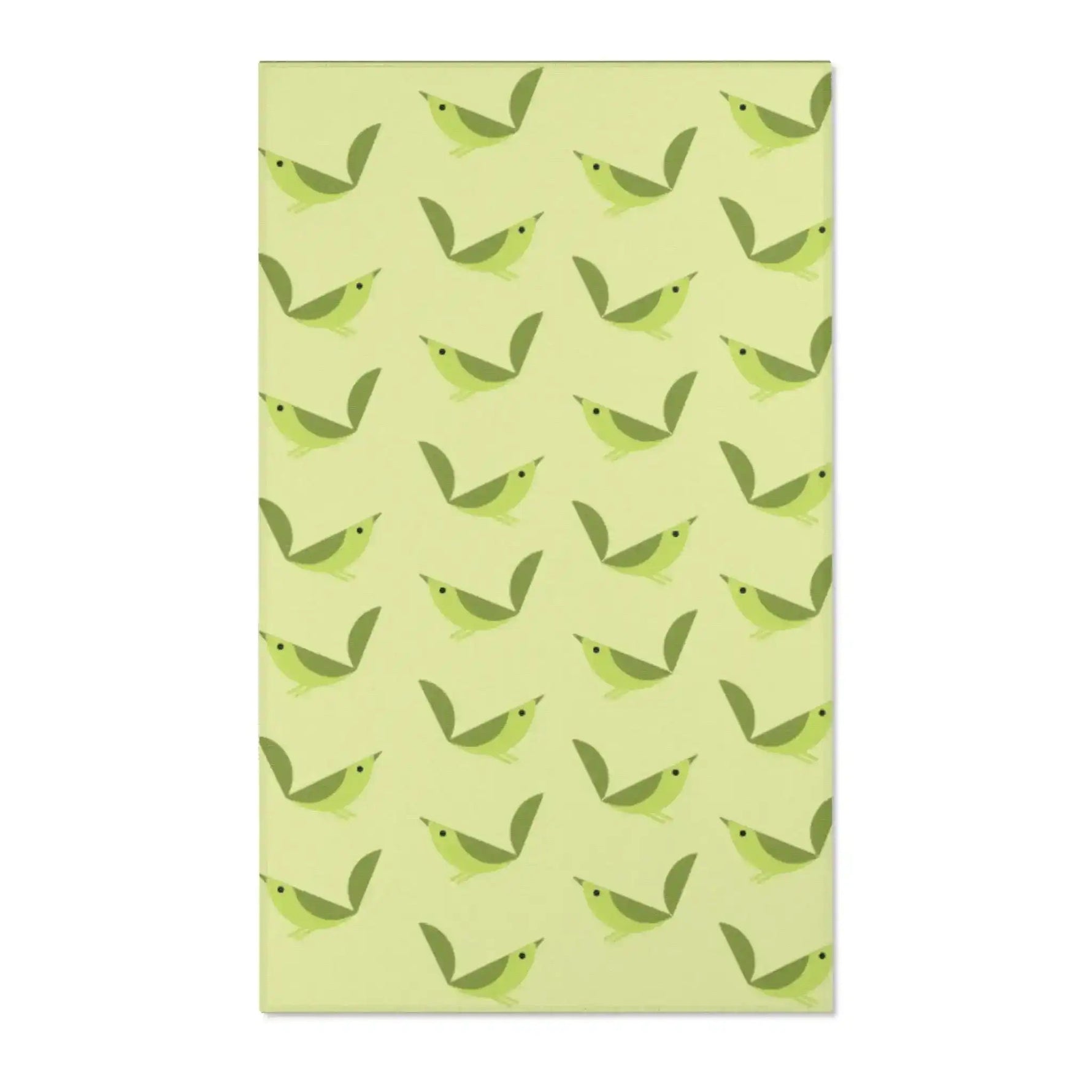 Serene songbird rug in tall format, rows of green birds across a light celery green field