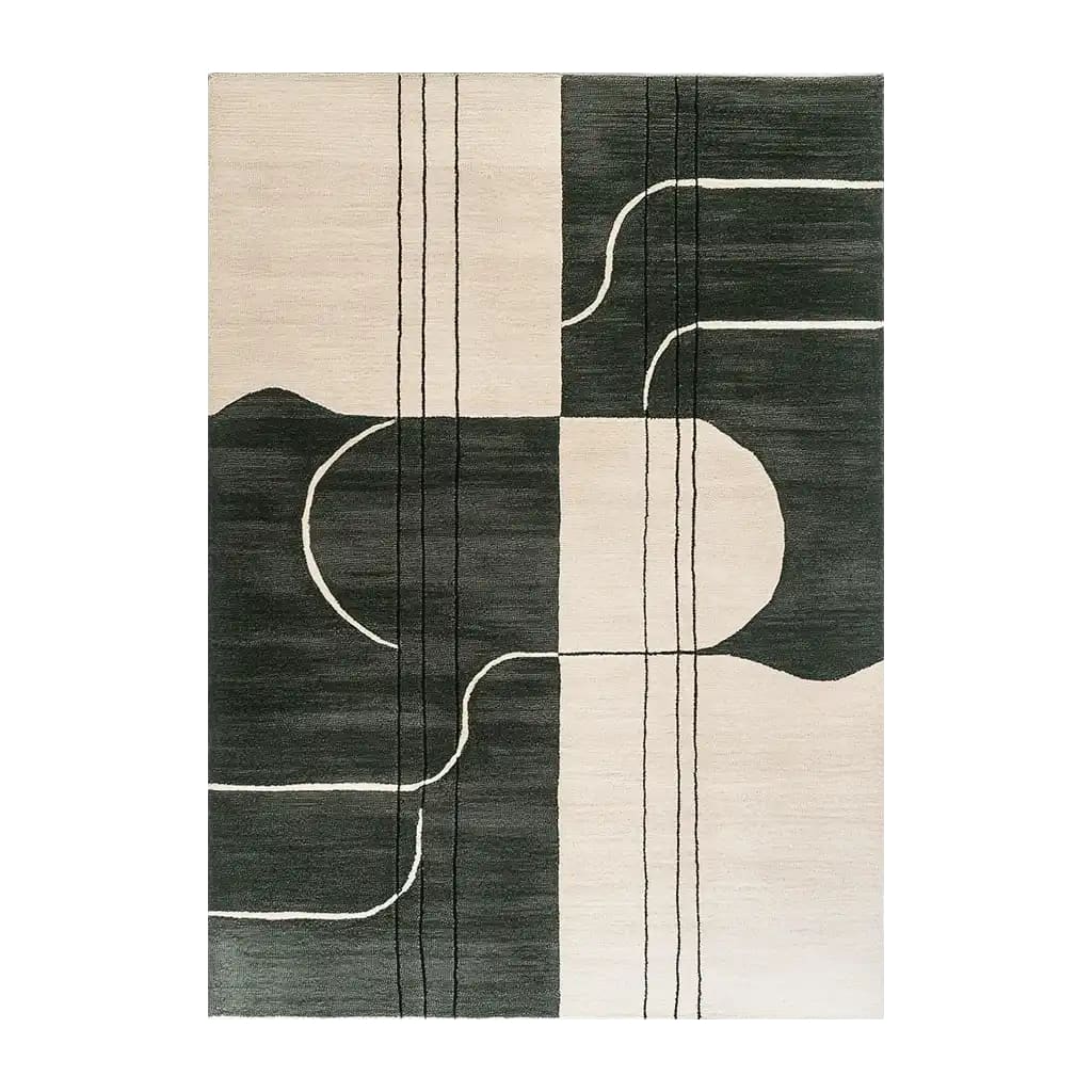 Area Rug with a contemporary design, featuring a blend of dark and light wool tones. This wool rug showcases abstract geometric patterns, making it an ideal choice for modern living room decor. Perfect as an 8x10 rug for living rooms.