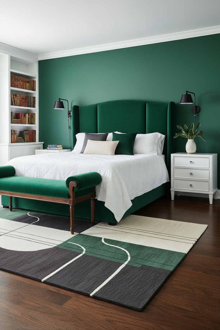 Modern bedroom with green headboard, white bedding, and a geometric rug.