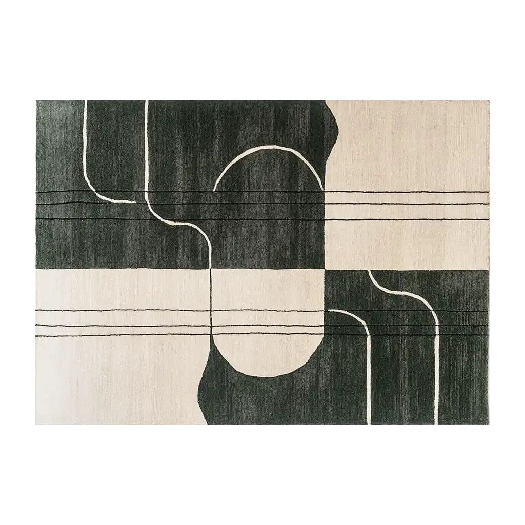 Top view of the Serene Soul Labyrinth Knotted Wool Rug, a contemporary area rug featuring a bold geometric design in contrasting shades of dark green and cream. Perfect for adding a modern touch to your living room, this wool rug measures 8x10, ideal for creating a cozy atmosphere.
