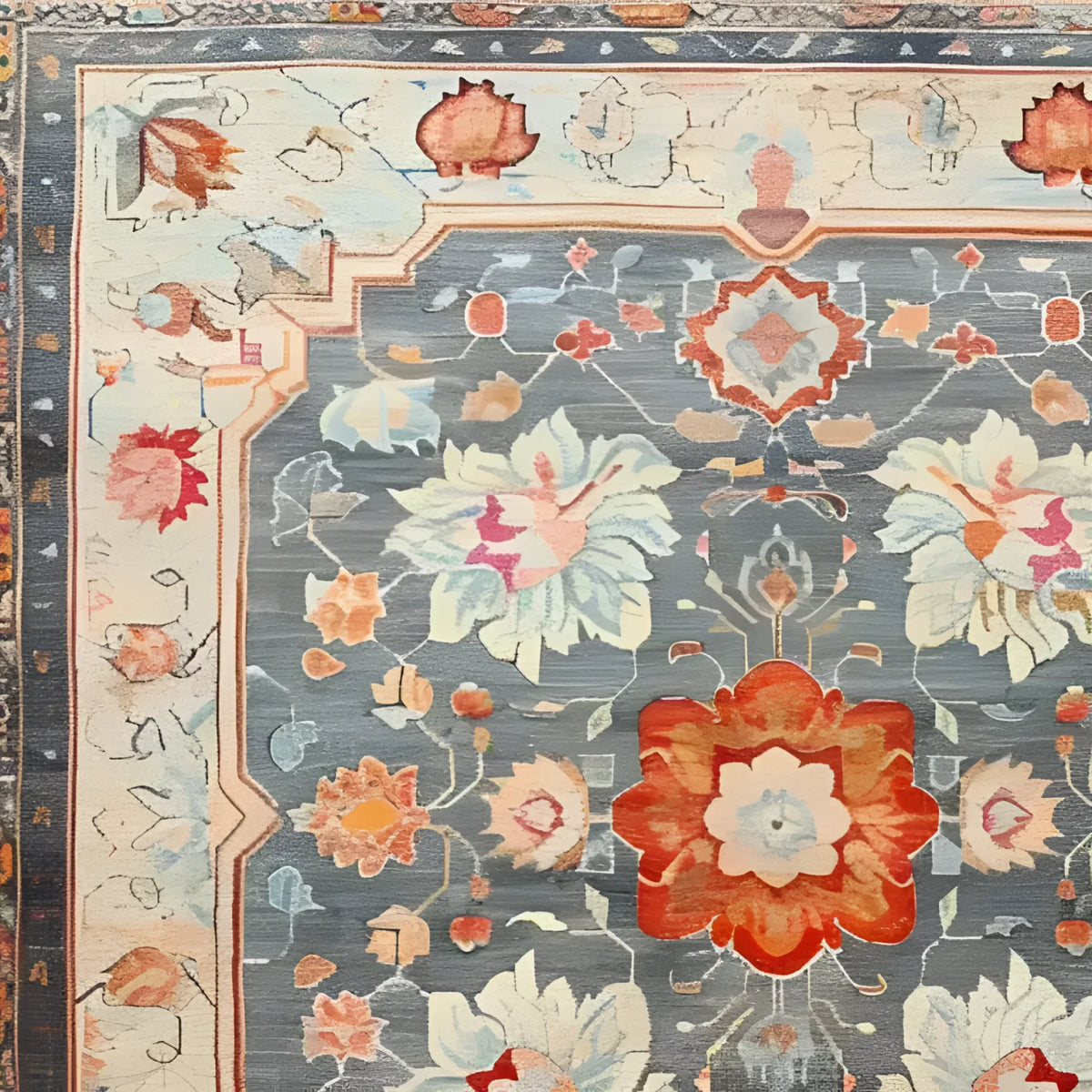 A detailed close-up of the Serenity Bloom Hand Knotted Area Rug, showcasing its intricate floral patterns in vibrant hues. This vintage-inspired Persian rug, ideal for large living room spaces, beautifully combines elegance with a timeless design.