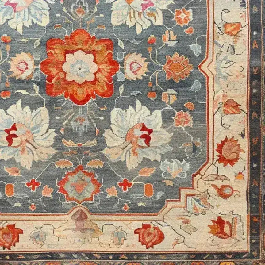 This hand-knotted area rug showcases a beautiful floral design in vibrant colors, ideal for large living rooms. The intricate vintage pattern evokes the elegance of traditional Persian rugs, making it a perfect choice for those seeking a stylish living room area rug.
