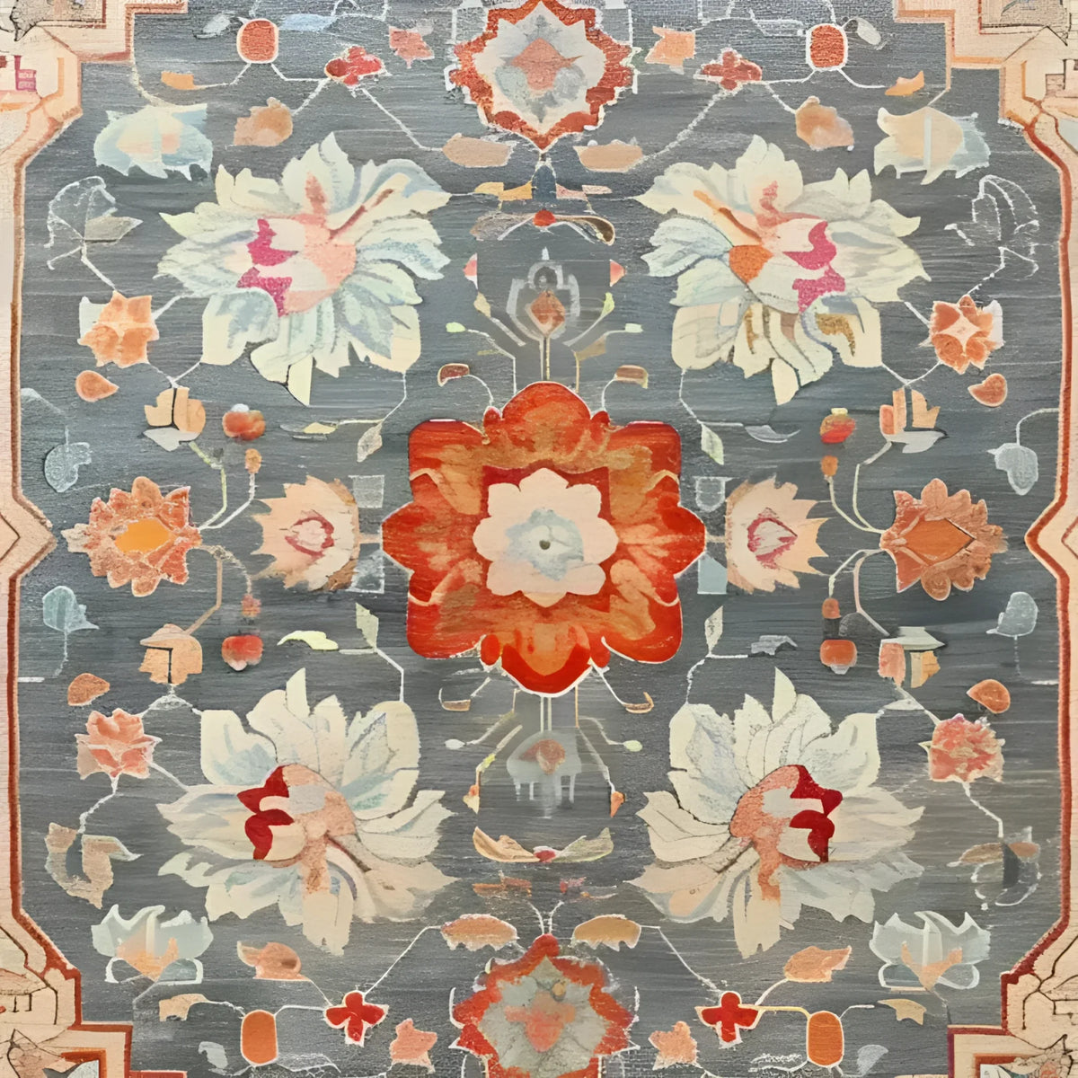 The Serenity Bloom Hand Knotted Area Rug features an elegant floral design with vintage Persian rug influences. This large living room rug showcases a harmonious blend of vibrant colors including red, orange, and blue, creating a stunning visual appeal. Perfect as a living room area rug, it adds a touch of classic elegance and sophistication.
