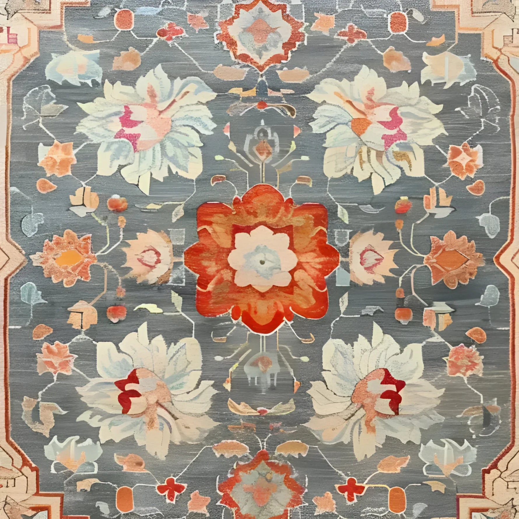 The Serenity Bloom Hand Knotted Area Rug features an elegant floral design with vintage Persian rug influences. This large living room rug showcases a harmonious blend of vibrant colors including red, orange, and blue, creating a stunning visual appeal. Perfect as a living room area rug, it adds a touch of classic elegance and sophistication.