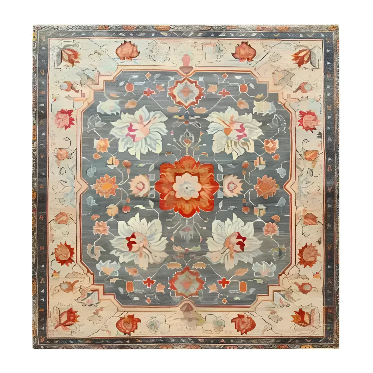 The Serenity Bloom Hand Knotted Area Rug features a stunning vintage design with intricate floral patterns and vibrant colors. Ideal for large living rooms, this Persian-style rug combines elegance and tradition, making it a perfect choice for those seeking a timeless floral rug.