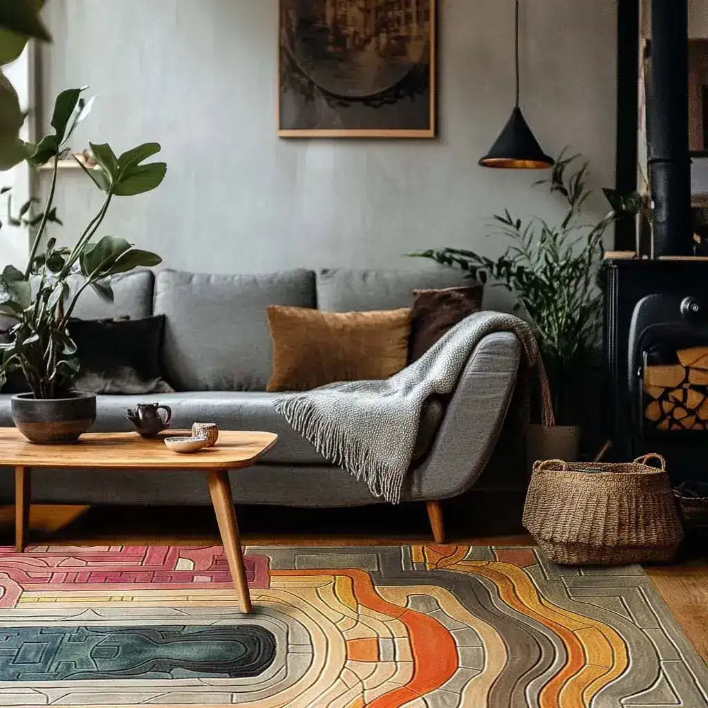 Stylish living room featuring a Serenity Gate Hand Tufted Area Rug with a vibrant abstract design. The contemporary wool rug adds warmth and elegance, perfect for large living room and dining room spaces. A cozy gray sofa, wooden coffee table, and lush plants complete the inviting atmosphere, ideal for modern home decor.