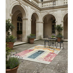 Decorative rug with geometric pattern in a courtyard setting