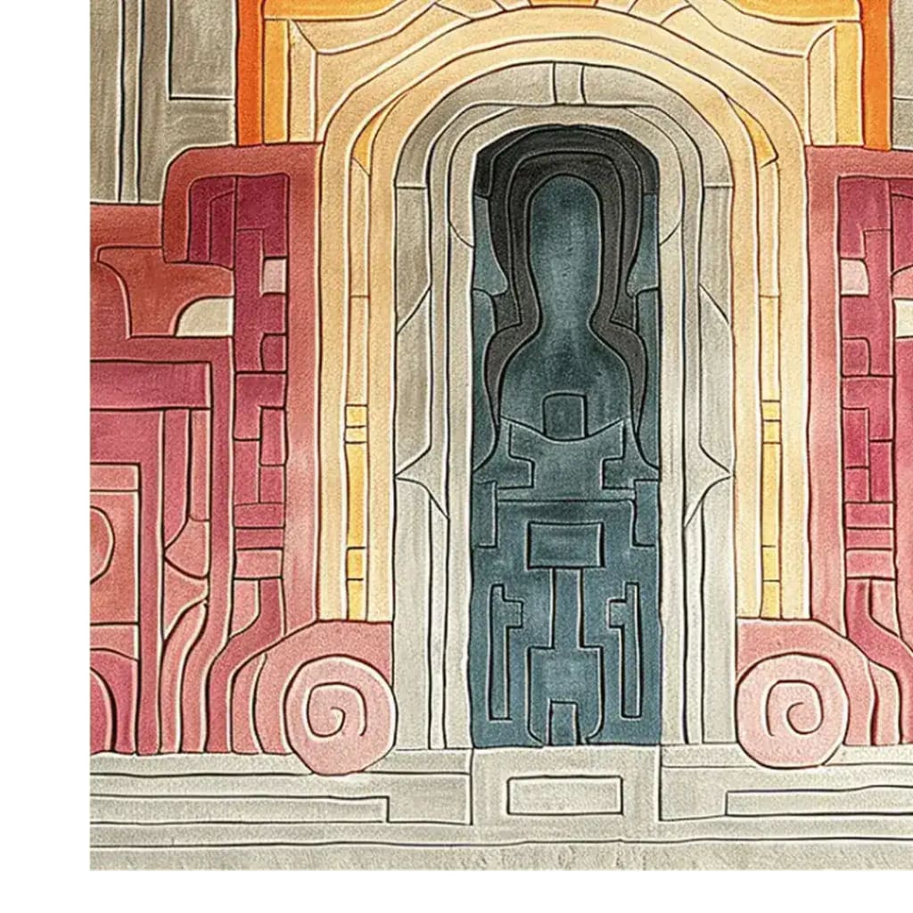 A contemporary, hand-tufted wool rug featuring an abstract design with vibrant colors like red, orange, and teal. This large area rug is perfect for adding a touch of modern elegance to a dining room setting.