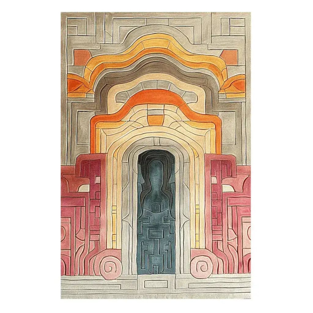 Vibrant 'Serenity Gate Hand Tufted Rug' showcasing an abstract geometric design with warm tones of orange, beige, and red, perfect for dining room decor. This contemporary wool rug adds a stylish touch to large living and dining room areas, creating a cozy and inviting atmosphere.