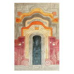 Vibrant 'Serenity Gate Hand Tufted Rug' showcasing an abstract geometric design with warm tones of orange, beige, and red, perfect for dining room decor. This contemporary wool rug adds a stylish touch to large living and dining room areas, creating a cozy and inviting atmosphere.