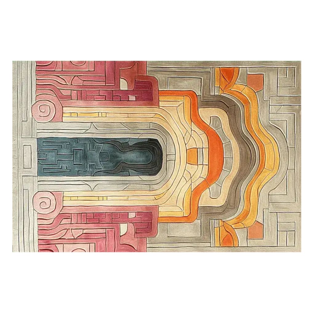 A vibrant Serenity Gate Hand Tufted area rug, perfect for the dining room or living room. This contemporary wool rug features an abstract design in rich hues of orange, red, and blue, ideal for adding a modern touch to large area spaces.