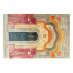 A vibrant Serenity Gate Hand Tufted area rug, perfect for the dining room or living room. This contemporary wool rug features an abstract design in rich hues of orange, red, and blue, ideal for adding a modern touch to large area spaces.