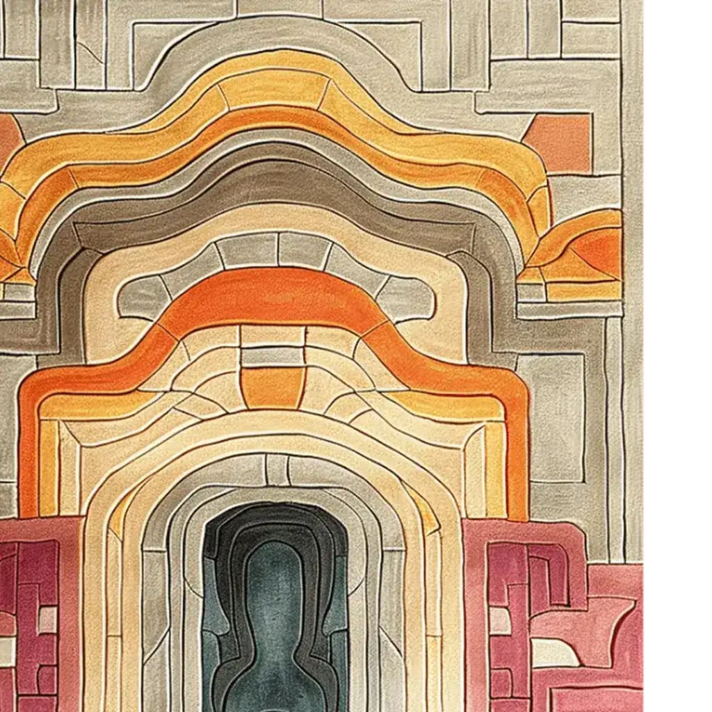 A contemporary wool area rug featuring an abstract design with vibrant orange, beige, and gray tones. Perfect for adding a modern touch to your dining room or living space, this large area rug combines style and comfort, making it an ideal choice for living room and dining room rugs.