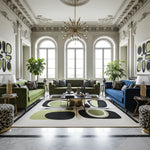 Luxurious living room with green and blue sofas, an abstract wool rug, decorative pillows, and a stylish rug.