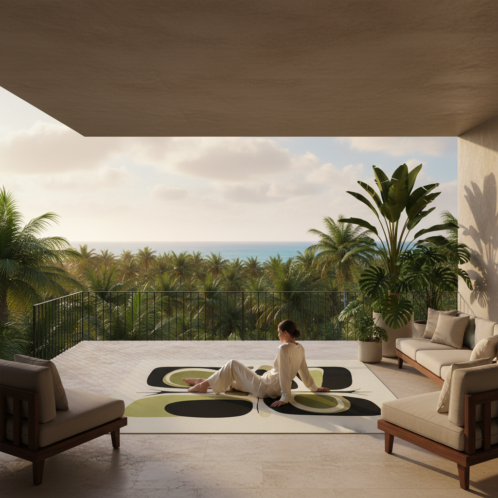 Person sitting on a modern patio with an abstract wool rug, ocean view and palm trees