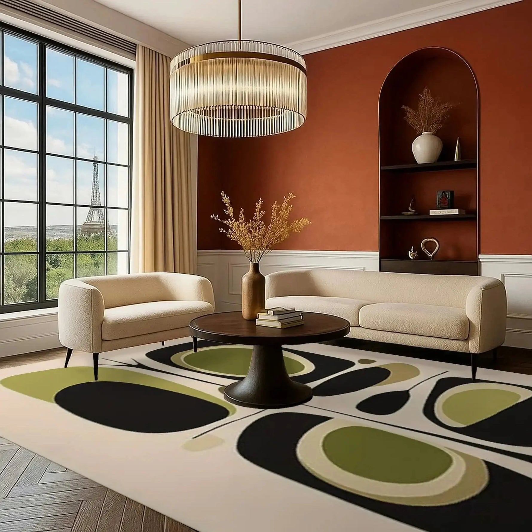 A contemporary area rug in a chic living room, featuring an abstract design with green and black shapes on a neutral background. This wool rug adds a modern touch to the elegantly furnished space, ideal for both living room and dining room settings. A large window with a view and stylish furniture complete the sophisticated look.